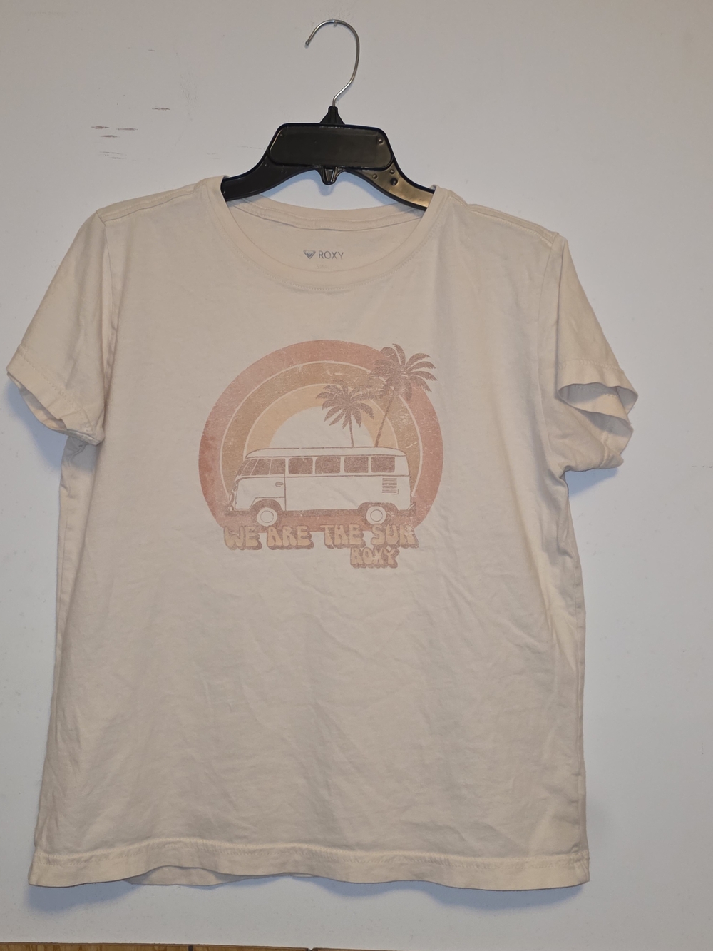 Roxy Cream Short-Sleeve Graphic Tee with Pink Retro Sunset